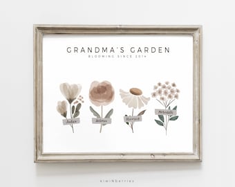 Impression jardin fleuri, cadeau pour grand-mère, petits-enfants représentés sous forme de fleurs sauvages, impression numérique, cadeau souvenir de grand-mère, affiche de famille,