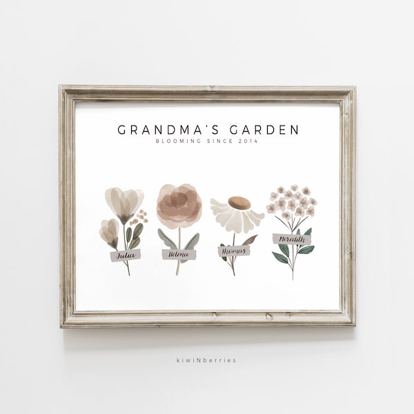 Blooming Garden Print, Gift For Grandma, Grandkids represented as Wild Flowers, Printable Digital, Nana's keepsake gift, Family Poster,