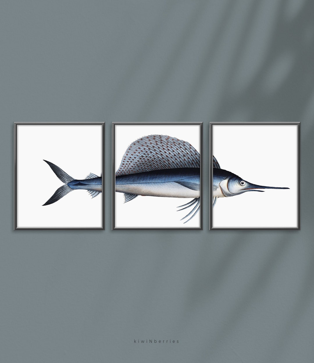 Printable Swordfish Poster, Set of 3, Large Swordfish Print, Triptych Print, Blue Ocean Wall Art