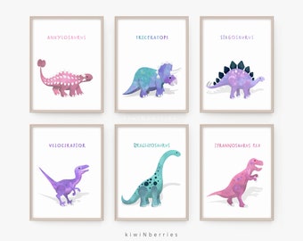 Girls room decor, Dinosaur Prints for Girls, Set of 6 Dinosaurs, Dinosaur girl wall art, Pink purple teal, Educational, Dinosaur Posters