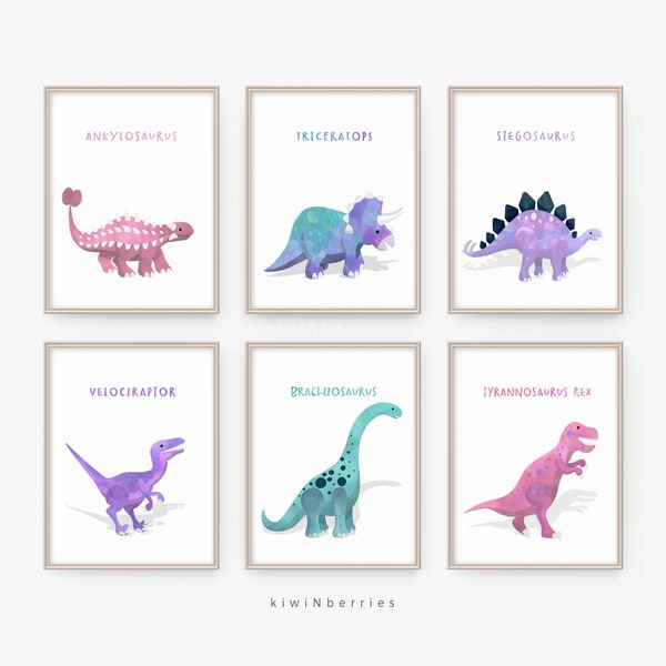 Girls room decor, Dinosaur Prints for Girls, Set of 6 Dinosaurs, Dinosaur girl wall art, Pink purple teal, Educational, Dinosaur Posters