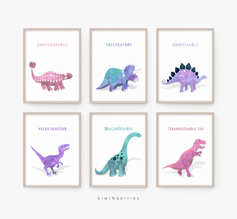 May include: Six printable dinosaur illustrations with watercolor-like designs. Each illustration features a different dinosaur with its name in pink text at the top of the page. The dinosaurs are Ankylosaurus, Triceratops, Stegosaurus, Velociraptor, Brachiosaurus, and Tyrannosaurus Rex.