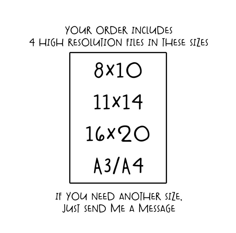 May include: Text on a white background that reads "YOUR ORDER INCLUDES 4 HIGH RESOLUTION FILES IN THESE SIZES" followed by a box with the text "8x10", "11x14", "16x20", and "A3/A4" inside. Below the box, the text reads "IF YOU NEED ANOTHER SIZE, JUST SEND ME A MESSAGE".