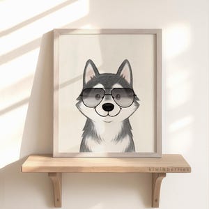 Husky with sunglasses Print, Fun Dog Wall Art, Cartoon Husky Poster, Kids Room Decor, Cute Happy Puppy, Cool Rad Art, Toddlers Room Hangings