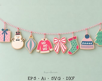 Christmas Laser Cutting files, Ornament SVG Bundle, Set of 8 Wood Decorations, DIY Layered Christmas Garland, Glowforge projects