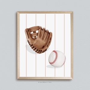 Baseball Mitten and Ball Print, Baseball Wall art, Red Stripes, Baseball Glove Poster, Printable Wall Art, Baseball Art Prints