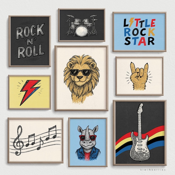 Rockstar Nursery Art Prints – Lion, Rhino, Guitar (Digital Download)