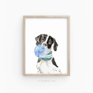 May include: Watercolour painting of a black and white dog with a blue bubble in its mouth. The dog is wearing a teal and white scarf.