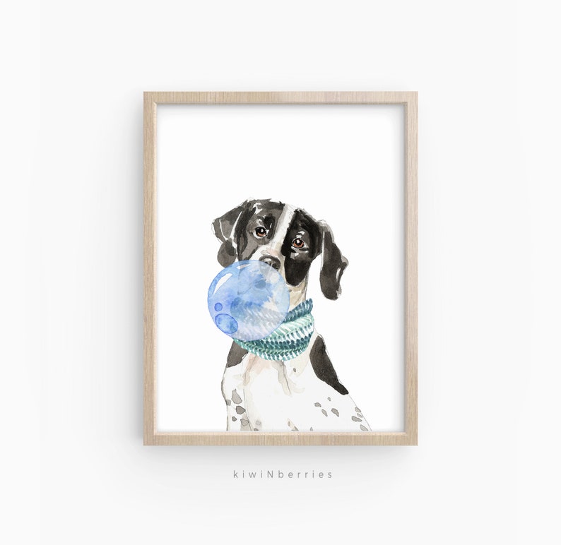 May include: Watercolour painting of a black and white dog with a blue bubble in its mouth. The dog is wearing a teal and white scarf.