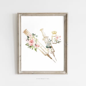 Impression de seringue, Art mural médical, Affiche d’anesthésie, Art mural d’application de Botox, Or avec fleurs roses, Décor de clinique de bureau, Imprimable numérique