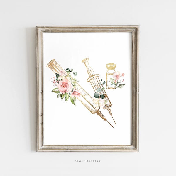 Spritze Blumendruck: Gold Arztpraxis Dekor (Digital Printable)