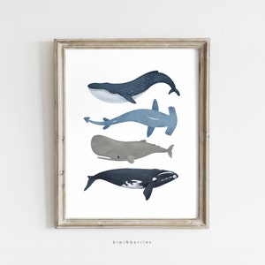 Meerestiere Druck, Aquarell Ozean Tiere, Wale und Haie, Blau Navy Indigo, Wale Poster, druckbar Digital, Ferienhaus