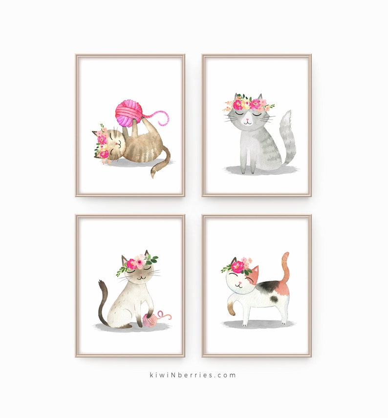 Cute Cat Prints, Set of 4 Prints, Watercolor Art, Digital Printable, Cat Posters, Girl Room Decor, Nursery Cat Lovers, Fun Art Prints image 1