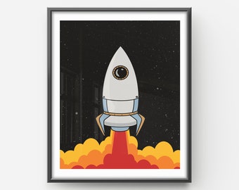 Space Rocket Print Art, Digital Rocket wall Art, Digital Files, Space Themed, Space Launch Rocket, Black Starry Printable