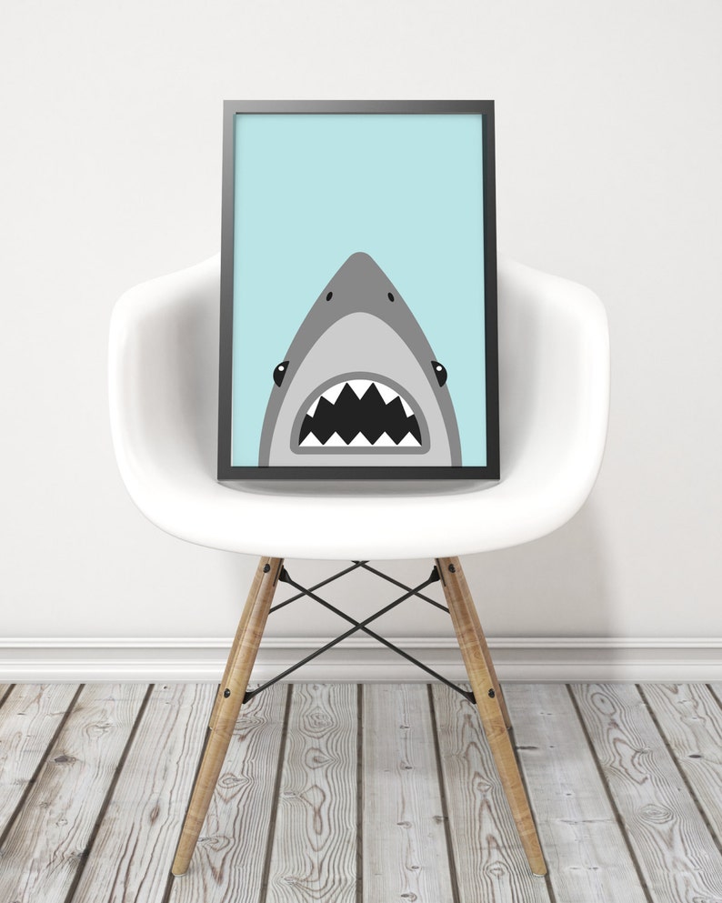 Shark art print  Blue and grey shark print  Boys room decor image 2