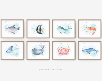 Ocean Nursery Prints: Watercolor Sea Animals, Set of 8 (Digital Download)