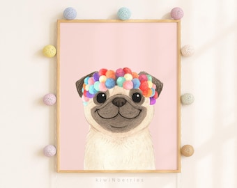 Pug Print: Pastel Pink Dog Illustration, Nursery Wall Art (Digital Download)