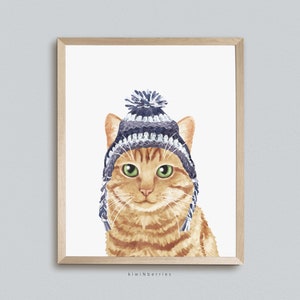 Orange Cat Print, Fun Cat Poster, Tabby Cat Wall Art, Pet Portrait, Printable Digital, Winter Hat, Cool Personality Cat, Nursery decor