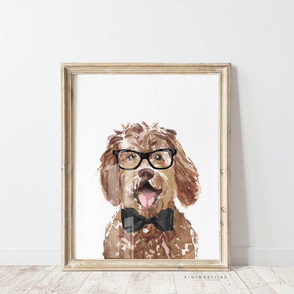 Labradoodle Print, Dog Portrait Poster, Kids room Decor Digital, Dog Puppy Perro, Fun Wall Art with personality, Glasses Labrador