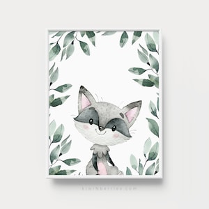 Woodland animal art - Watercolor raccoon print - Woodland nursery - Nursery wall art - Cute baby girl art - Watercolor nursery - Baby room