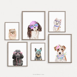 Fun Dog Prints, Girl Room Decor, Girly Puppies Art, Set of 6 Art Prints, Watercolor Dog Posters, Cute Puppy prints, Princess Accessories