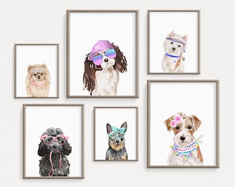 Fun Dog Prints, Girl Room Decor, Girly Puppies Art, Set of 6 Art Prints, Watercolor Dog Posters, Cute Puppy prints, Princess Accessories