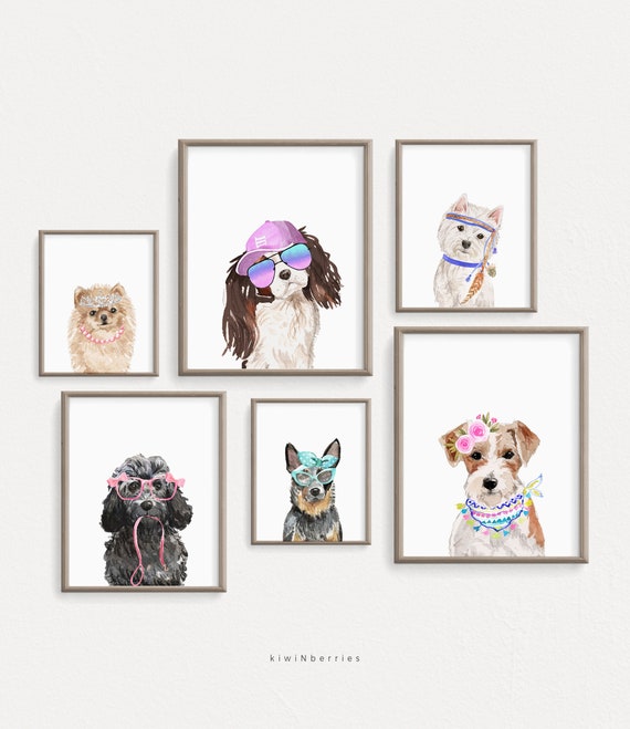 Fun Dog Prints, Girl Room Decor, Girly Puppies Art, Set of 6 Art Prints,  Watercolor Dog Posters, Cute Puppy Prints, Princess Accessories 