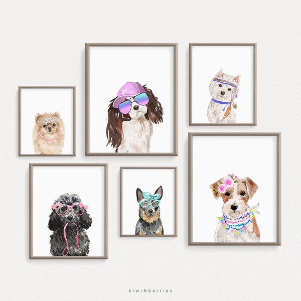 Lustige Hunde Drucke, MädchenZimmer Dekor, Mädchen Welpen Kunst, 6er Set Kunstdrucke, Aquarell Hunde Poster, Süße Welpe Drucke, Prinzessin Accessoires