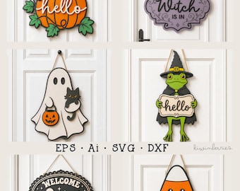 Halloween Laser Cut Files, Door Sign Welcome, Spooky Wooden Decor, DIY crafts, Glowforge Cricut Ready, SVG DXF Ai Eps,