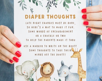 Diaper thoughts sign, Baby shower signs, Late night diapers, Baby shower games, Safari animals greenery, Lion giraffe elephant, Baby shower