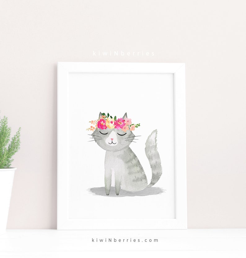 Cute Cat Prints, Set of 4 Prints, Watercolor Art, Digital Printable, Cat Posters, Girl Room Decor, Nursery Cat Lovers, Fun Art Prints image 3