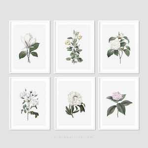 Set of 6 White Floral Botanical Prints: Farmhouse Wall Art (Digital Prints)