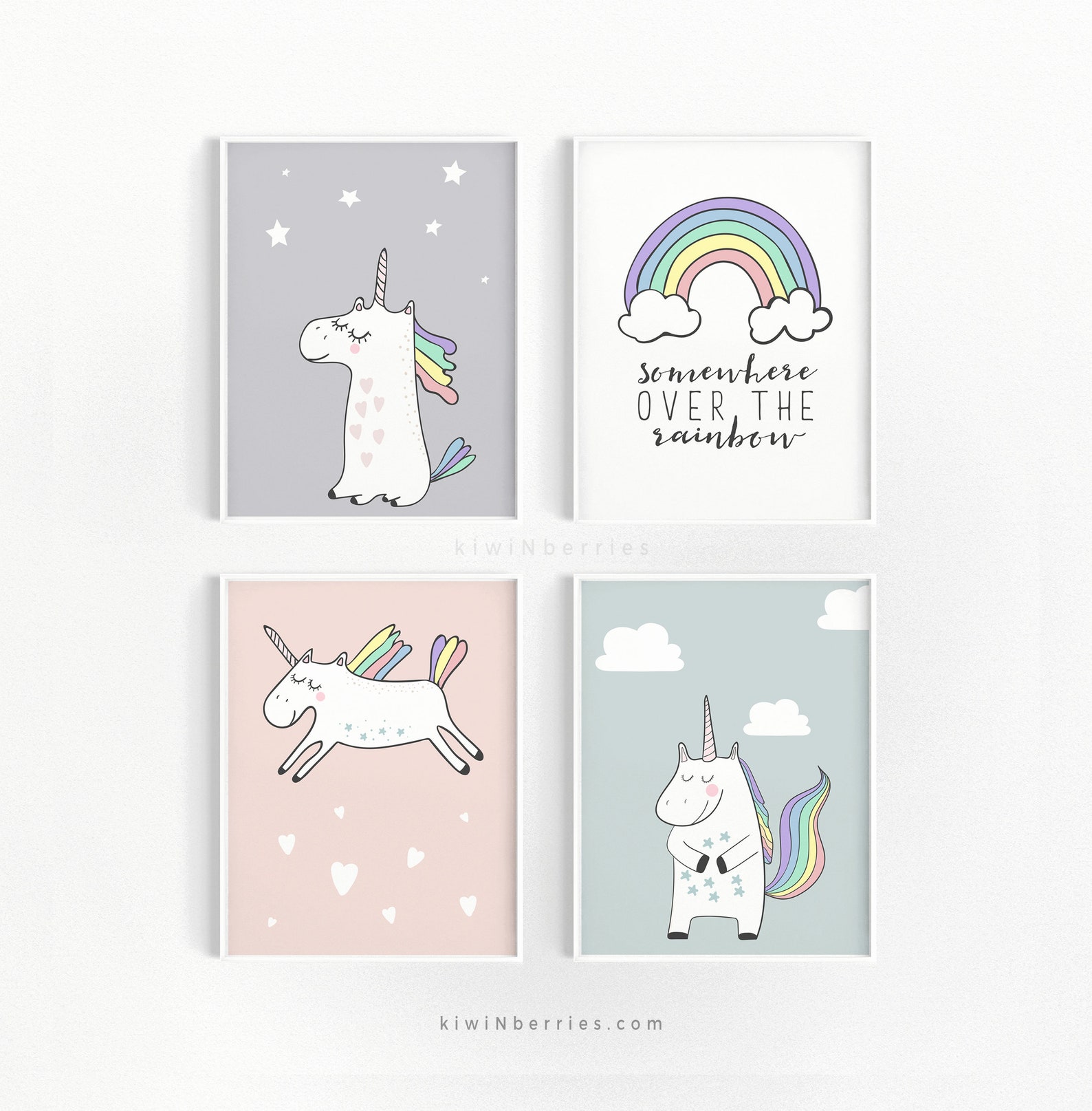 Set of 4 Unicorn Prints Unicorn Wall Art Set Girls Nursery Etsy