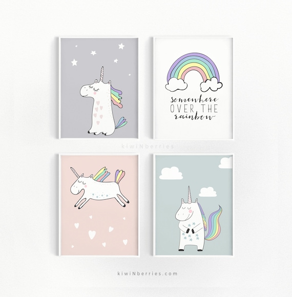 Set of 4 Unicorn Prints Unicorn Wall Art Set Girls Nursery Decor