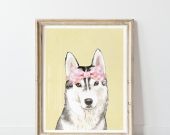 Husky Print Digital, Printable Girls room, Fun Colorful Art,Puppy Dog with a hat, yellow pink, Playroom Decorations