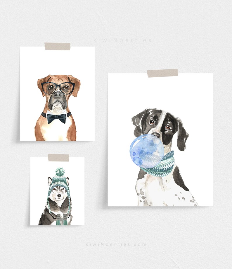 May include: Three watercolour paintings of dogs. The first painting shows a brown and white boxer wearing glasses and a bow tie. The second painting shows a black and white pointer dog with a blue bubble in its mouth and a green scarf. The third painting shows a black and white husky wearing a green hat and scarf.