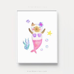 Cat-Mermaid print, Girls Room Decor, Girl printable Art, Mermaid and cats Art prints, Fun prints for girls, Kids wall art, Mermaid wall art