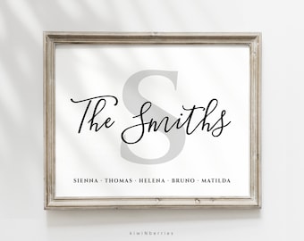 Impresión personalizada del apellido, signo inicial de la familia, decoración de la pared del apellido, arte de nombre personalizado, regalo de boda de bienvenida a la casa, digital imprimible