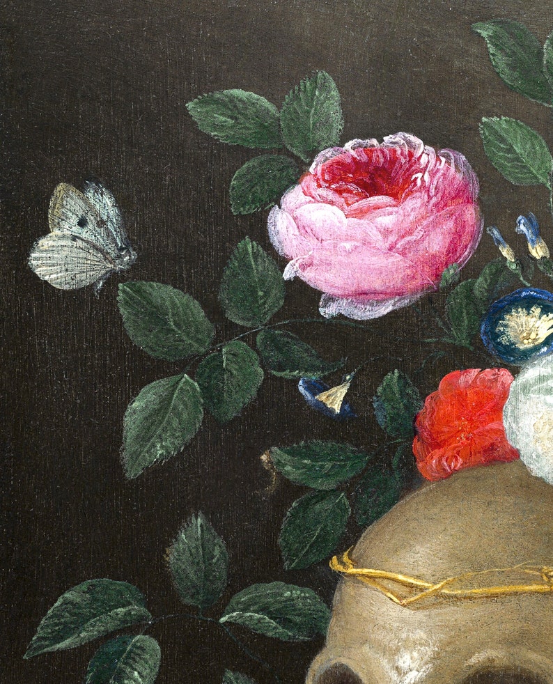 May include: A close-up of a still life painting featuring a skull with a gold crown, surrounded by pink, red, and white flowers, green leaves, and a white butterfly.