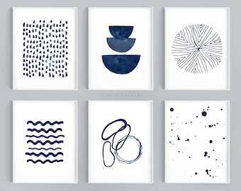 Indigo Blue Abstract Prints: Navy Gallery Wall Art (Digital Download)