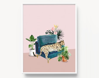 Estampado de guepardo de la selva, Imprimible en la jungla, Gato de la jungla, Leopardo del guepardo, Rosa y esmeralda, Grabados de arte tropical, Arte botánico