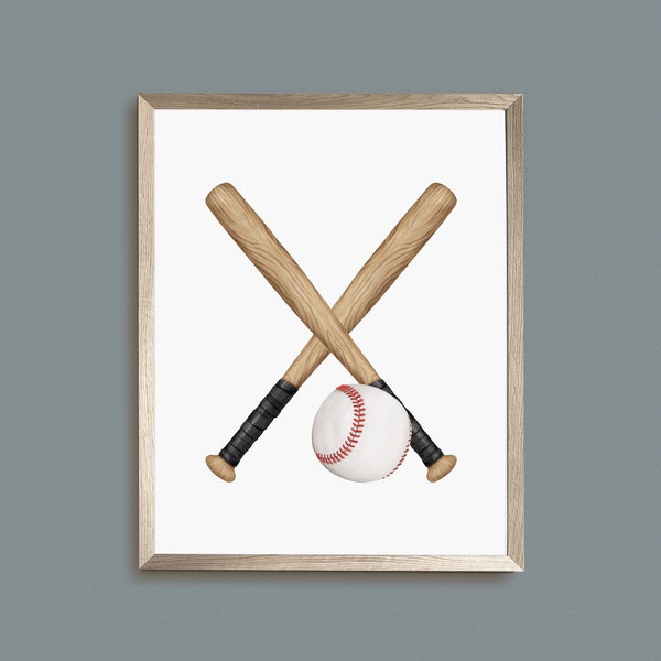 Baseball Bat Poster, Digital Printable Baseball Prints, Sport Room Decor, Crossed Bats, Baseball bat and ball print