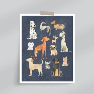 Cartoon Hund Karte, digitale Kinderzimmer Dekor, Moody Navy Indigo, lustige Hunderasse, Haustier-Liebhaber, Poster für Kleinkindzimmer