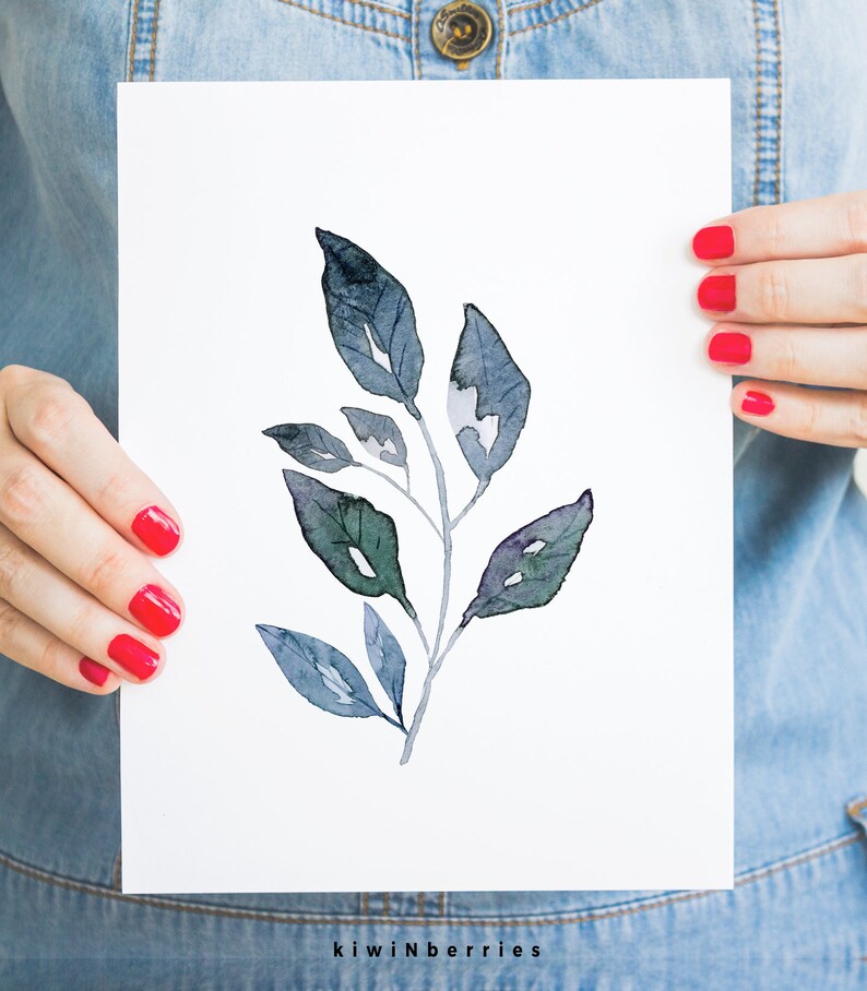 May include: A watercolour painting of a branch with blue-green leaves. The leaves are painted in a light and airy style, with a soft, watercolour effect.