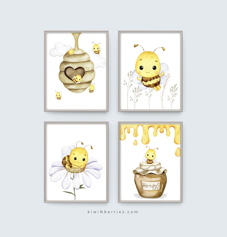 Honey Bee Nursery Prints: Set of 4, Watercolor Baby Room Art (digital ...