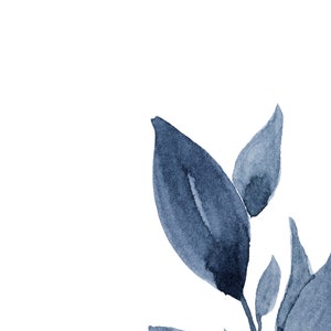 May include: A watercolour illustration of a blue leafy branch with a white background.