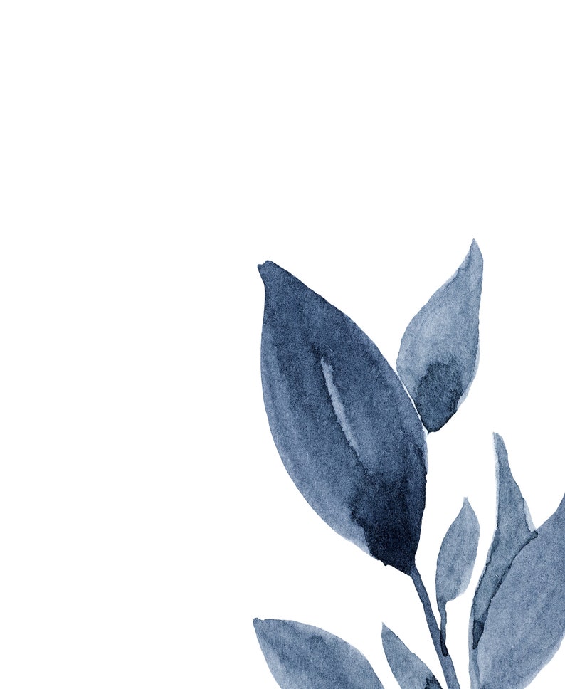 May include: A watercolour illustration of a blue leafy branch with a white background.