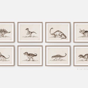 Vintage Dinosaur Wall Art Set, Neutral Dinosaur Prints, Kids Room Nursery, Prehistoric Fossil Illustration, Instant Download, T-Rex Wall Art