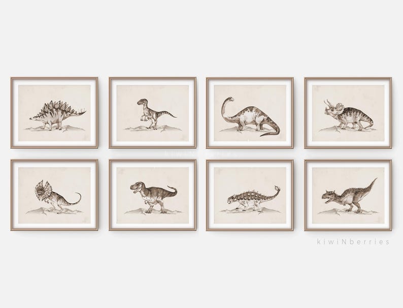 Vintage Dinosaur Wall Art Set, Neutral Dinosaur Prints, Kids Room Nursery, Prehistoric Fossil Illustration, Instant Download, T-Rex Wall Art
