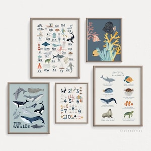 Nautische Themen Kinderzimmer Kunst, Marine-Druck-Set, Kinder Poster, Lern-Alphabet ABC, bedruckbar digital, Blau Meer Poster, Ozean Rahmen